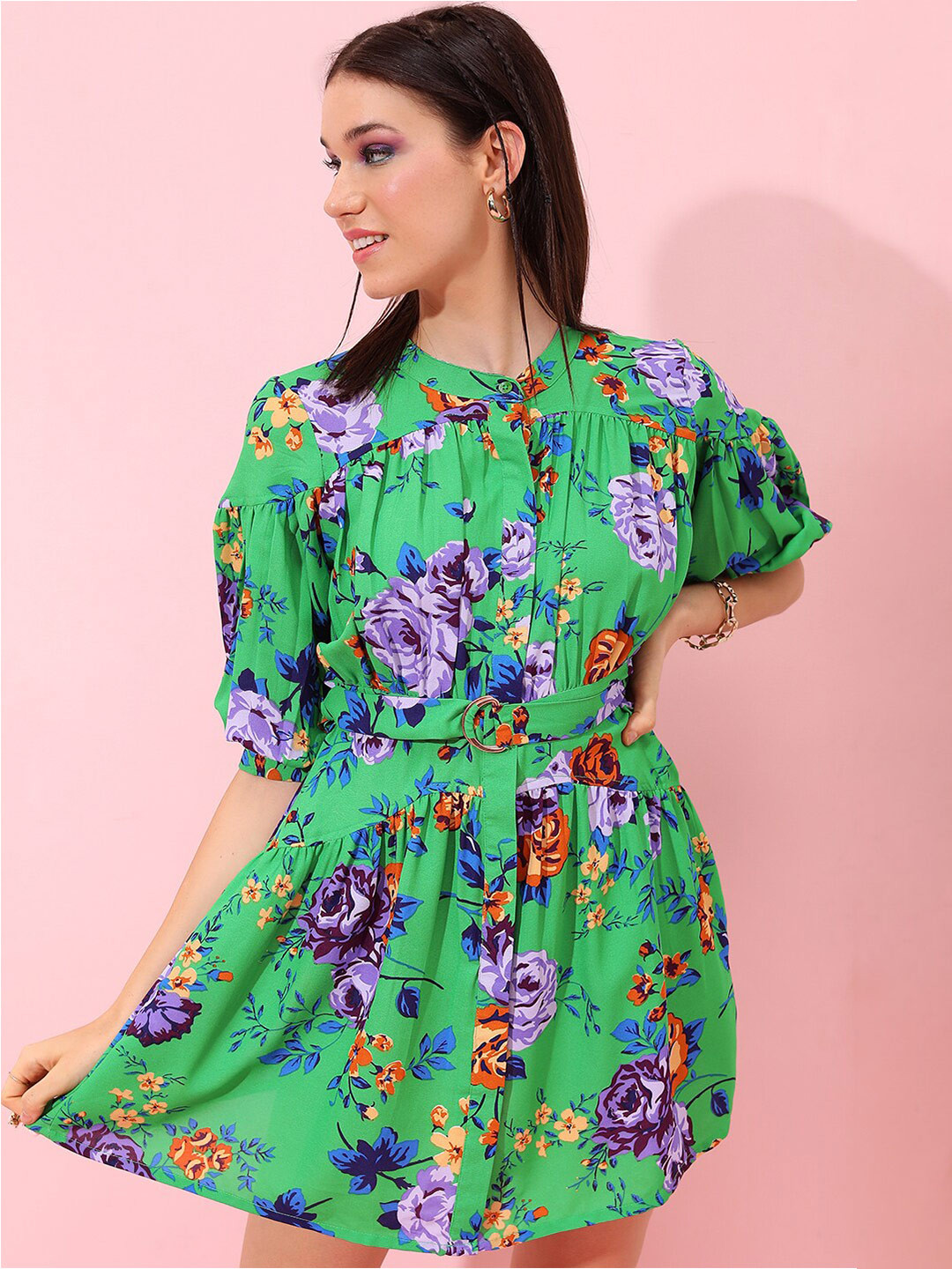 

Tokyo Talkies Green & Purple Floral Printed Shirt Mini Dress With Belt