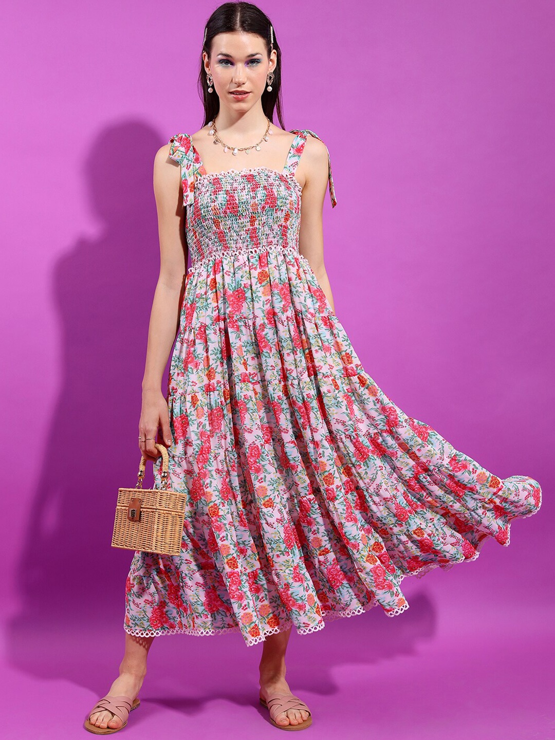 

Tokyo Talkies Pink & Red Floral Printed Smocked Tiered Fit & Flare Midi Dress