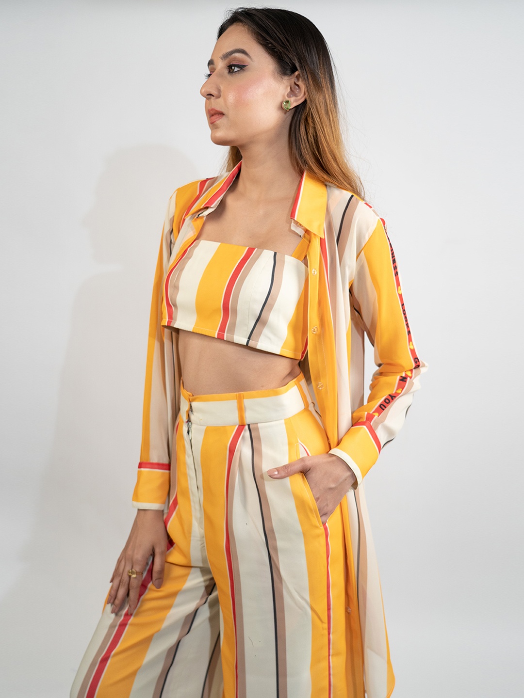 

POPPI Striped Top & Trousers With jacket Co-Ords, Yellow