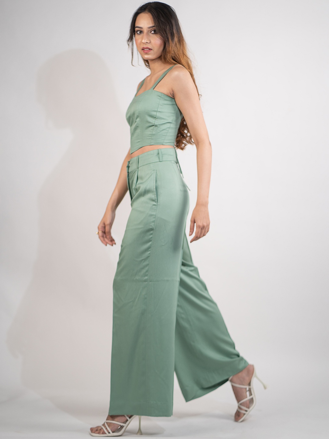 

POPPI Shoulder Straps Crop Top With Trousers Co-Ords, Sea green