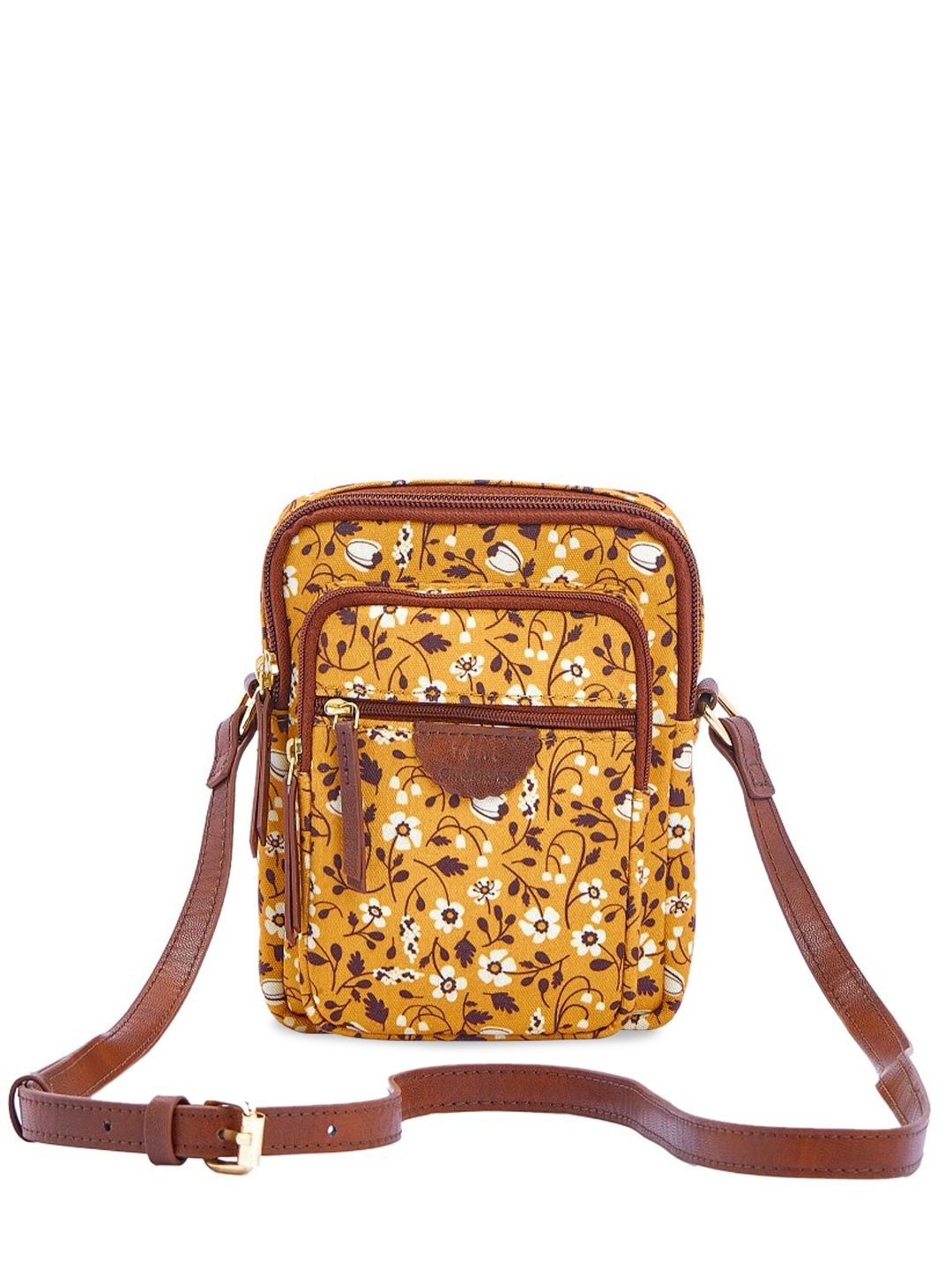 

TEAL BY CHUMBAK Floral Printed Structured Sling Bag, Mustard