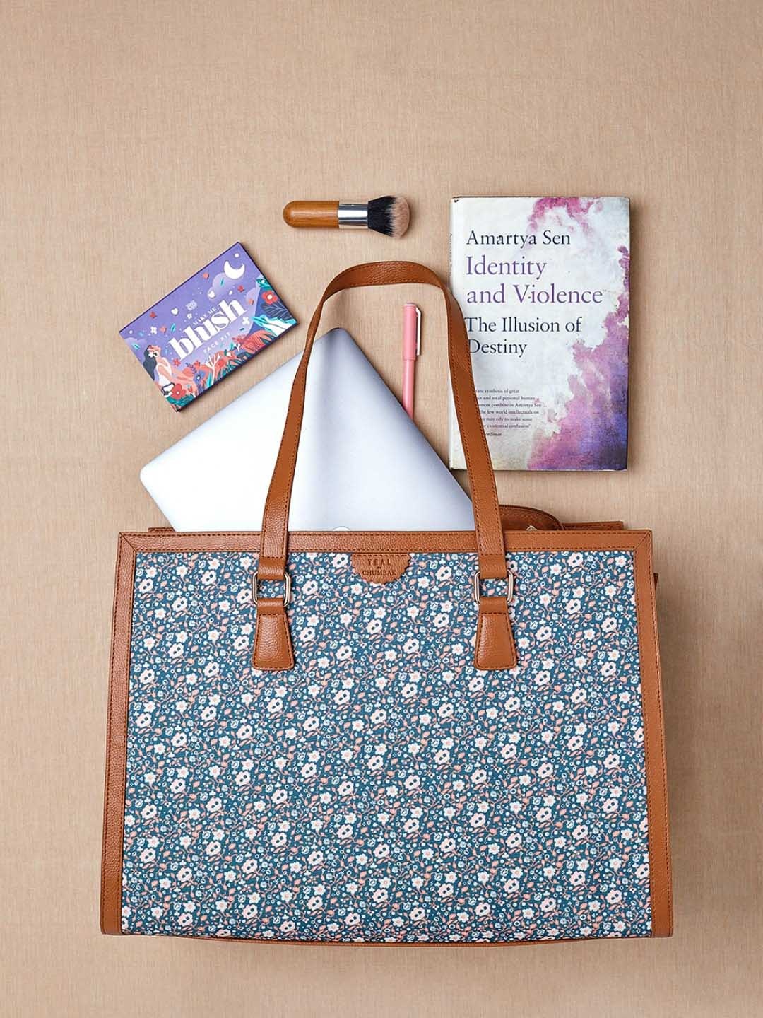 

TEAL BY CHUMBAK Floral Printed Structured Tote Bag, Blue