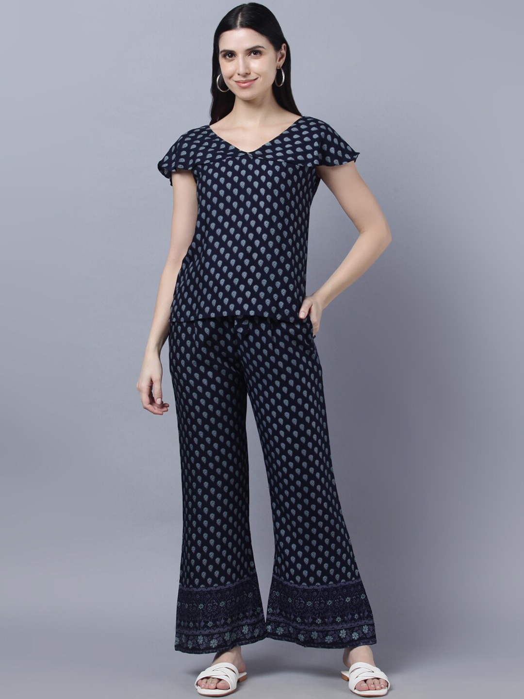 

Myshka Floral Printed Pure Cotton Top & Palazzos Co-Ords, Navy blue