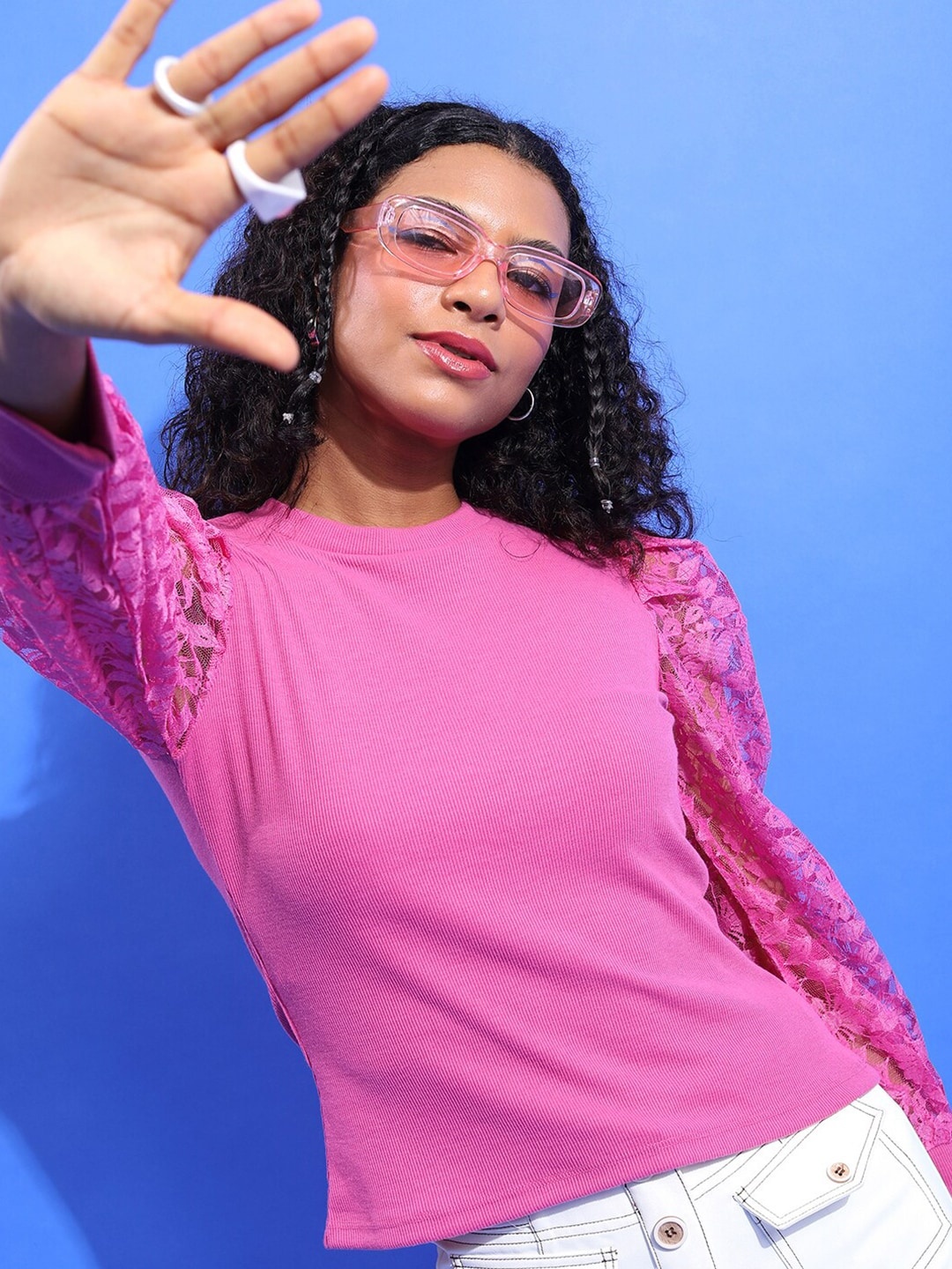 

Tokyo Talkies Pink Floral Lace Puff Sleeves Top