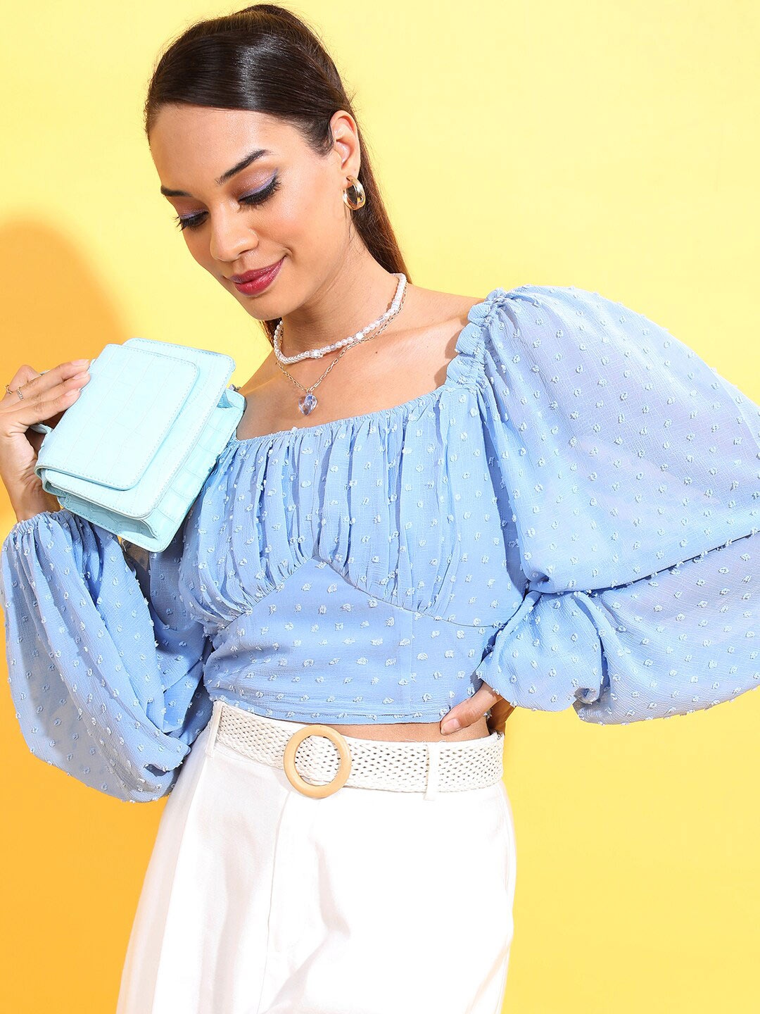 

Tokyo Talkies Blue Self Design Square Neck Bishop Sleeve Crop Top