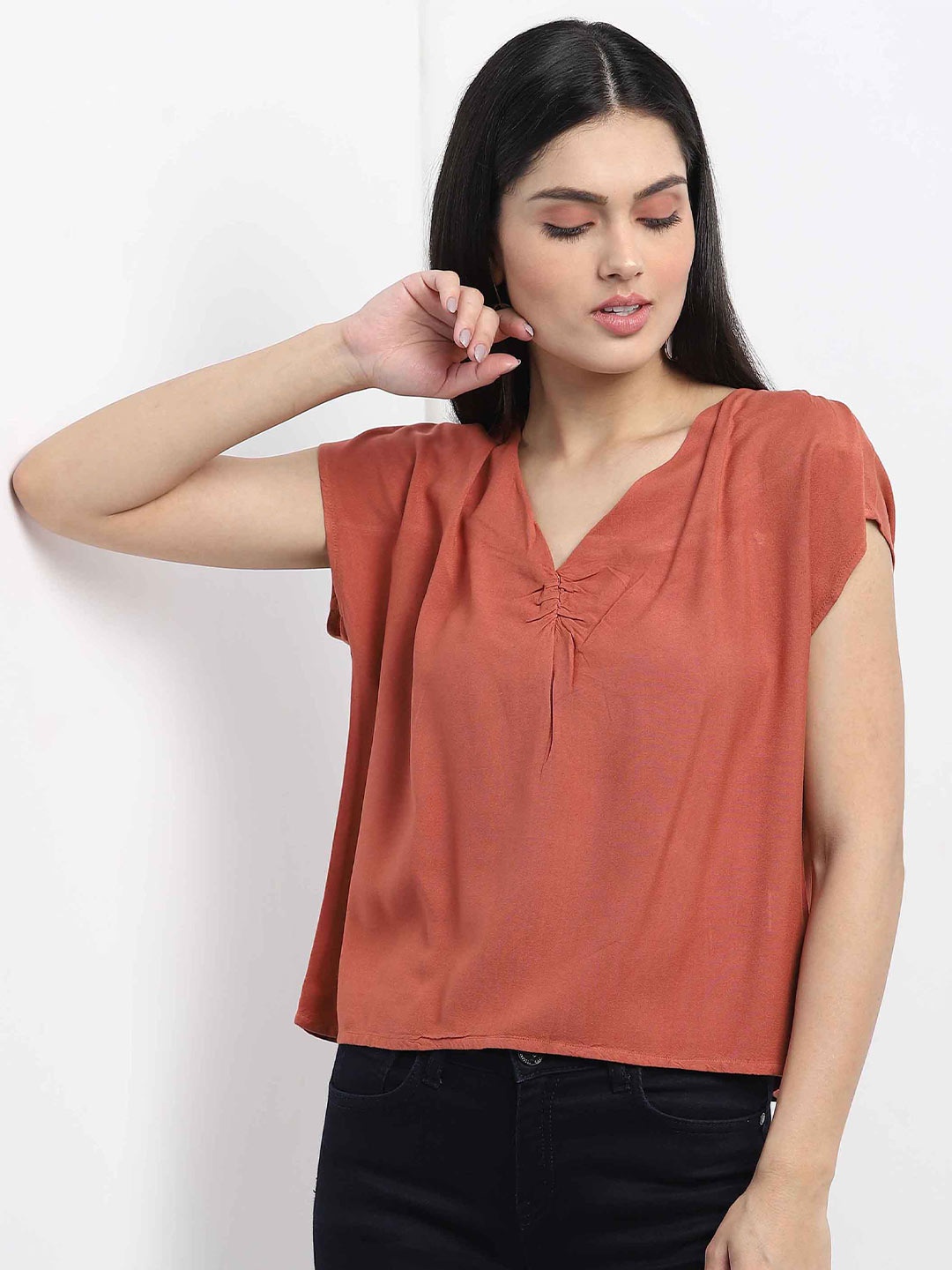 

MKOAL V-Neck Extended Sleeves Top, Copper