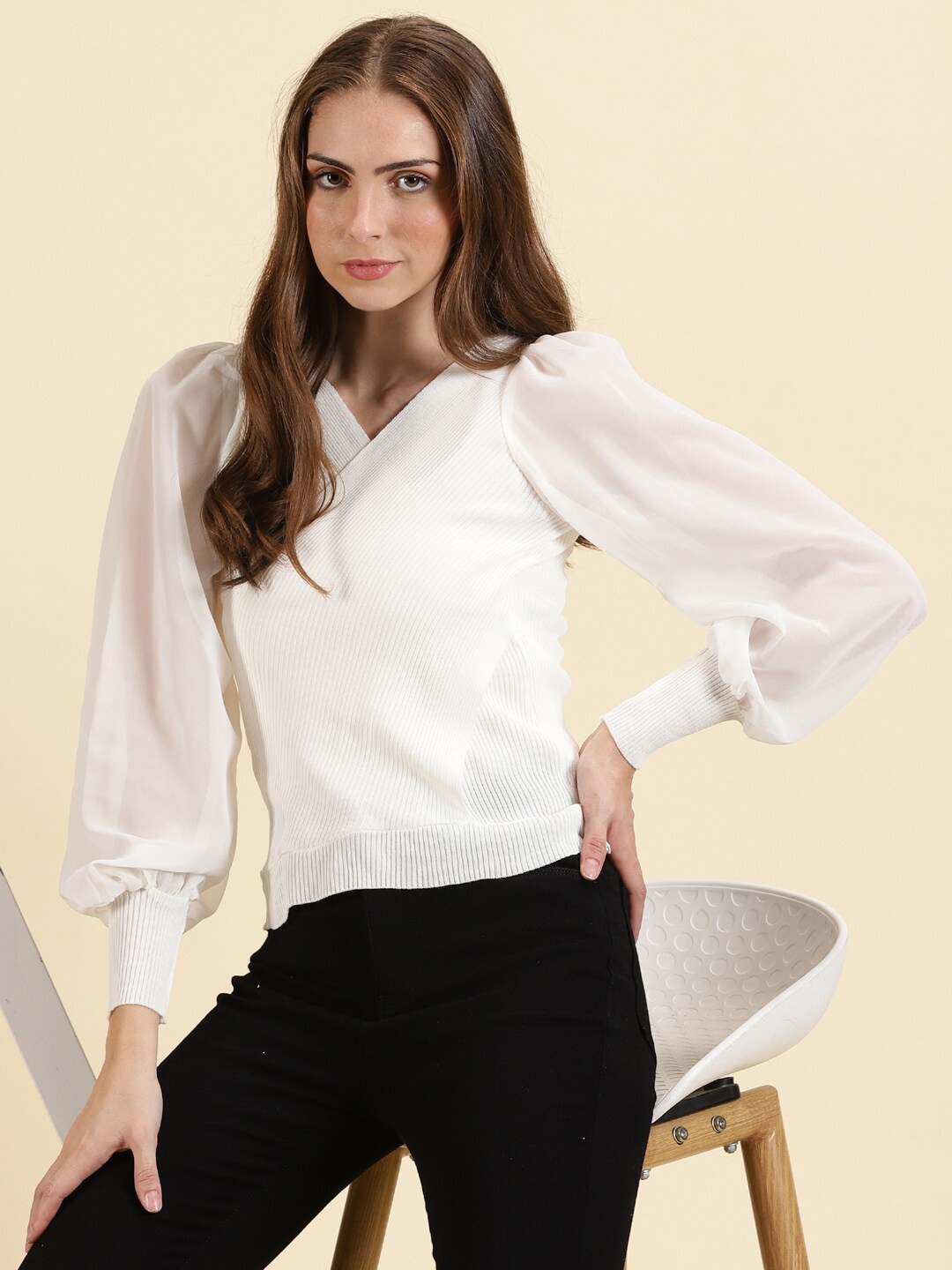 

SHOWOFF Chiffon V-Neck Puff Sleeves Regular Top, White