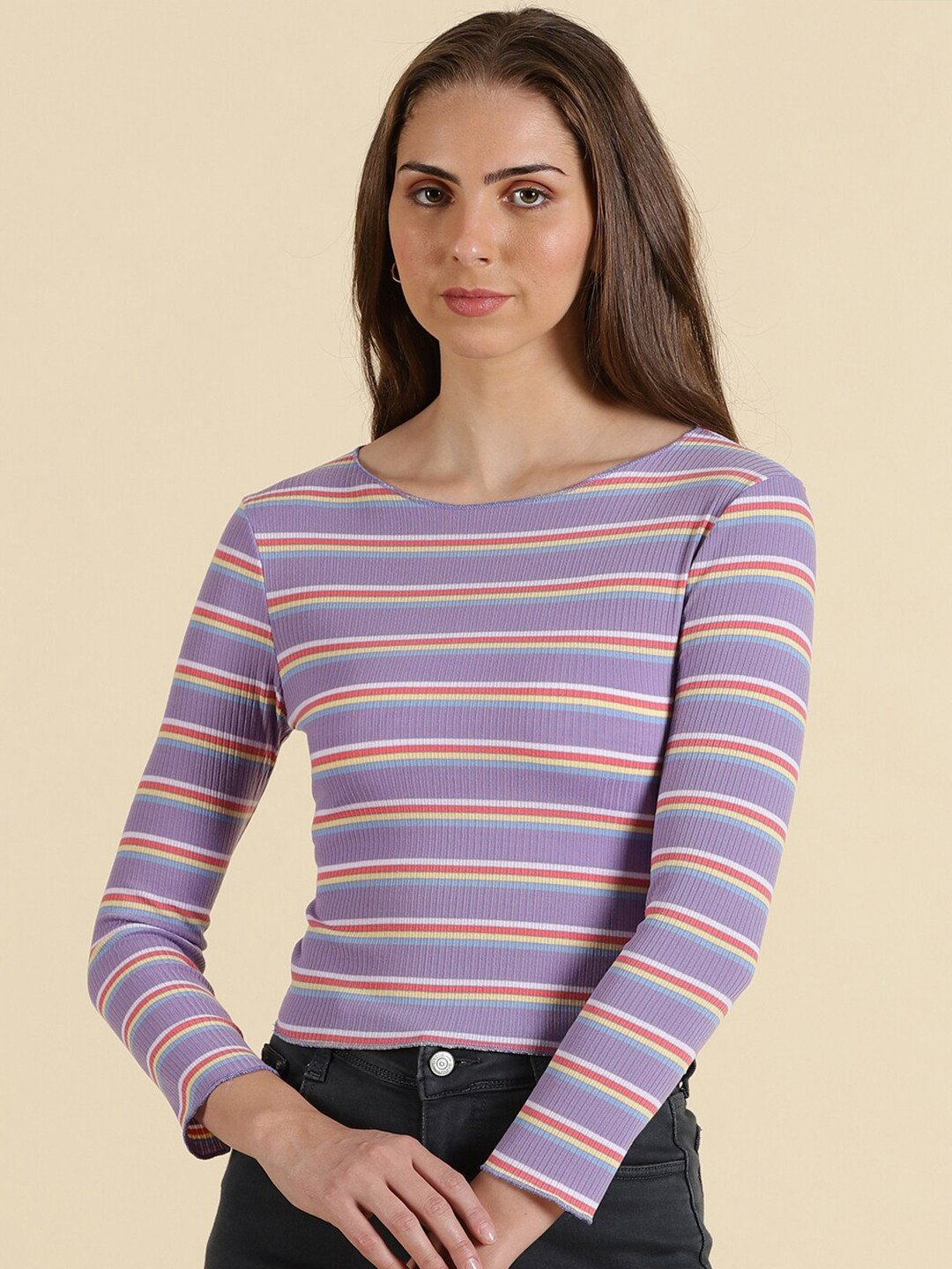 

SHOWOFF Striped Acrylic Boat Neck Fitted Top, Lavender