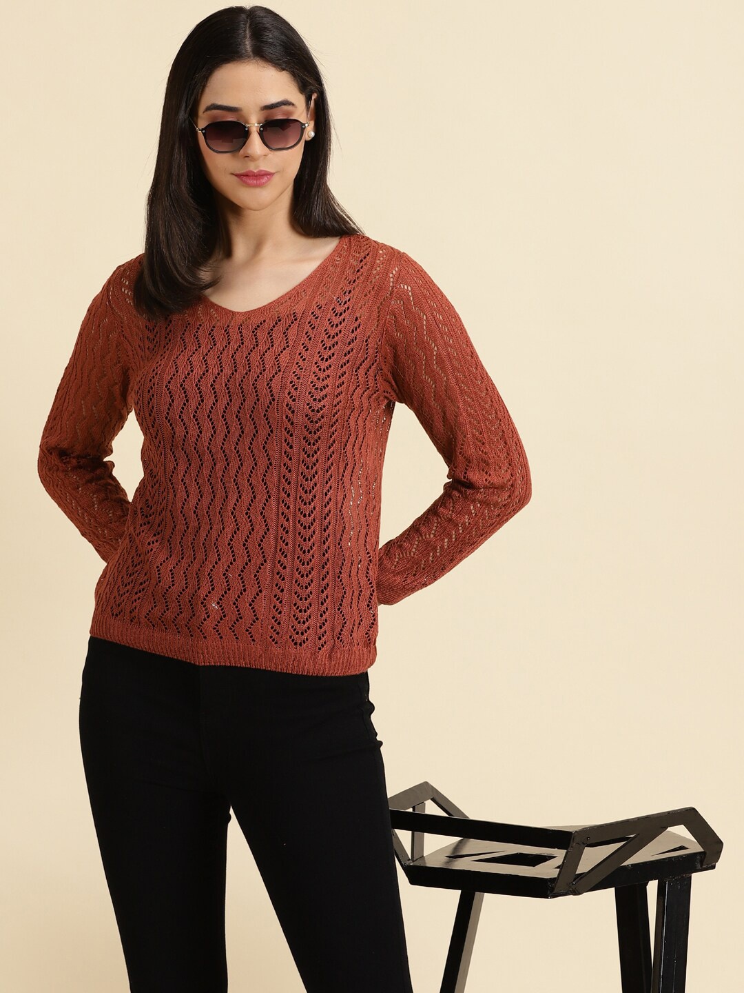 

SHOWOFF Self Design Wool V-Neck Long Sleeves Top, Rust