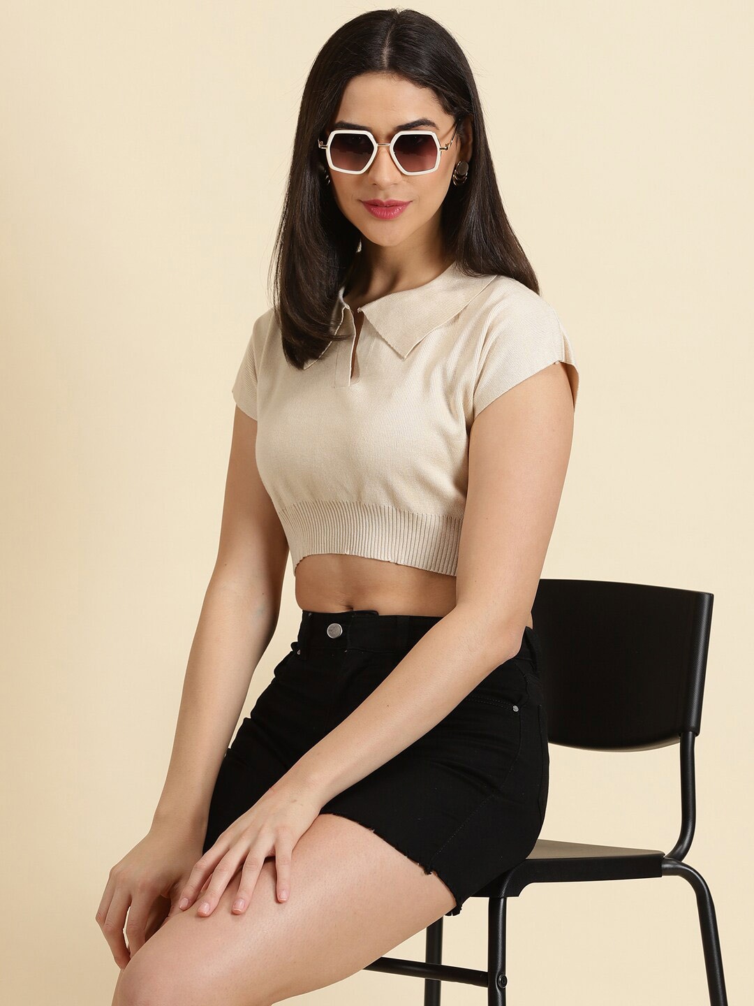 

SHOWOFF Shirt Collar Short Sleeves Blouson Crop Top, Beige