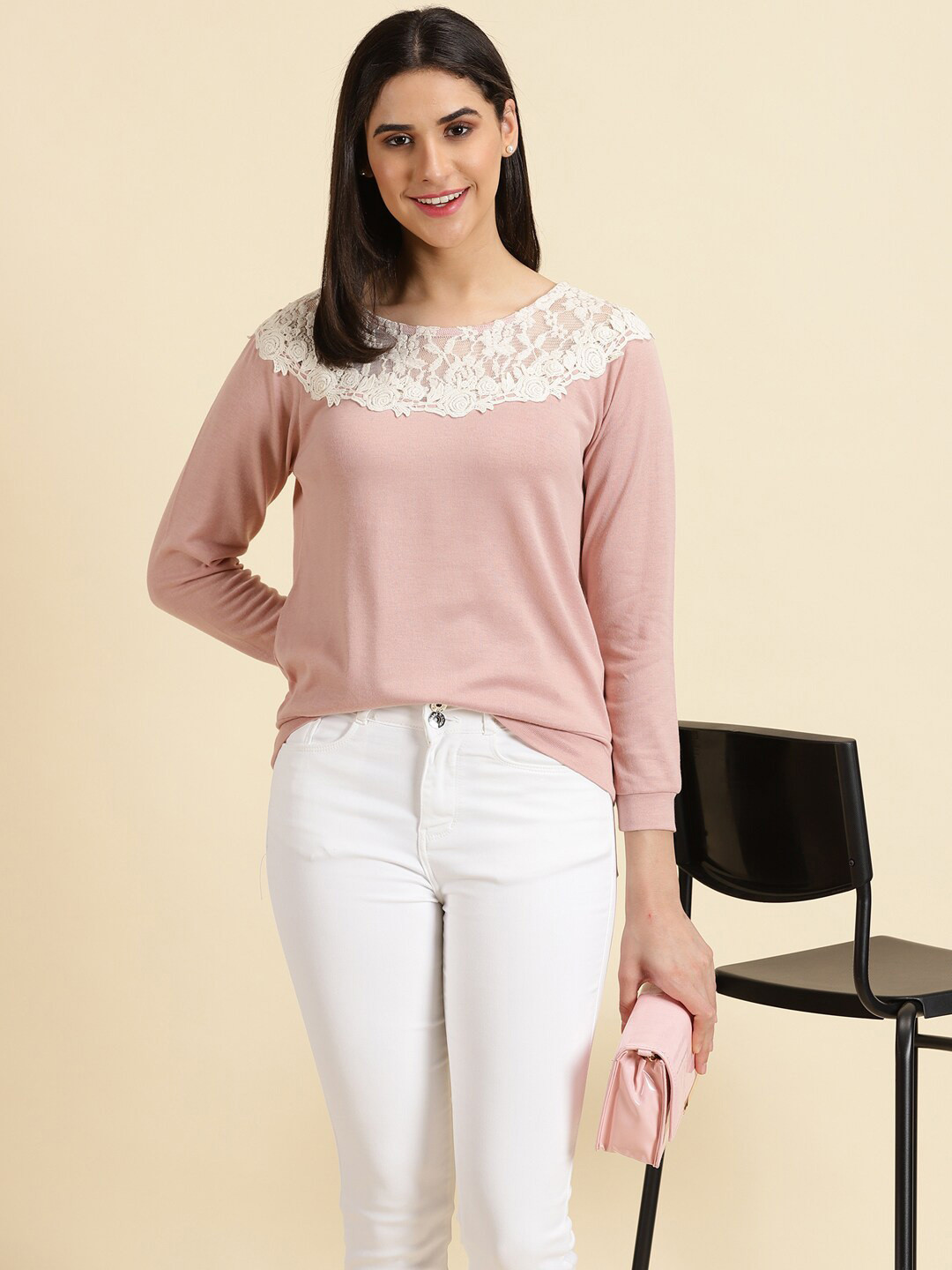 

SHOWOFF Round Neck Lace Inserts Top, Pink