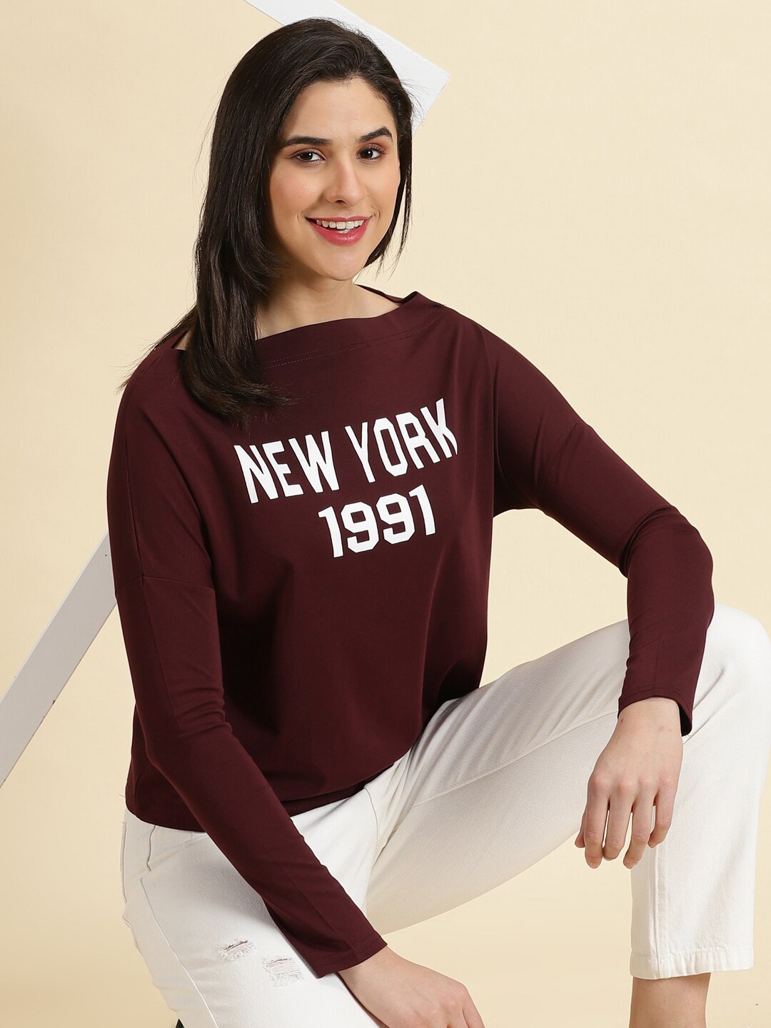 

SHOWOFF Typography Printed Boat Neck Top, Maroon