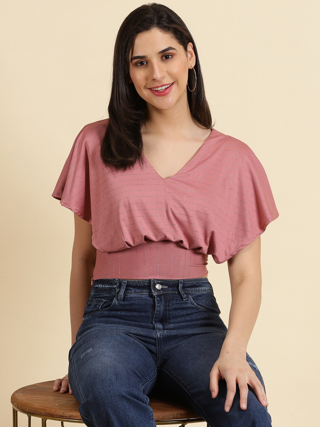 

SHOWOFF V-Neck Flared Sleeves Blouson Crop Top, Mauve