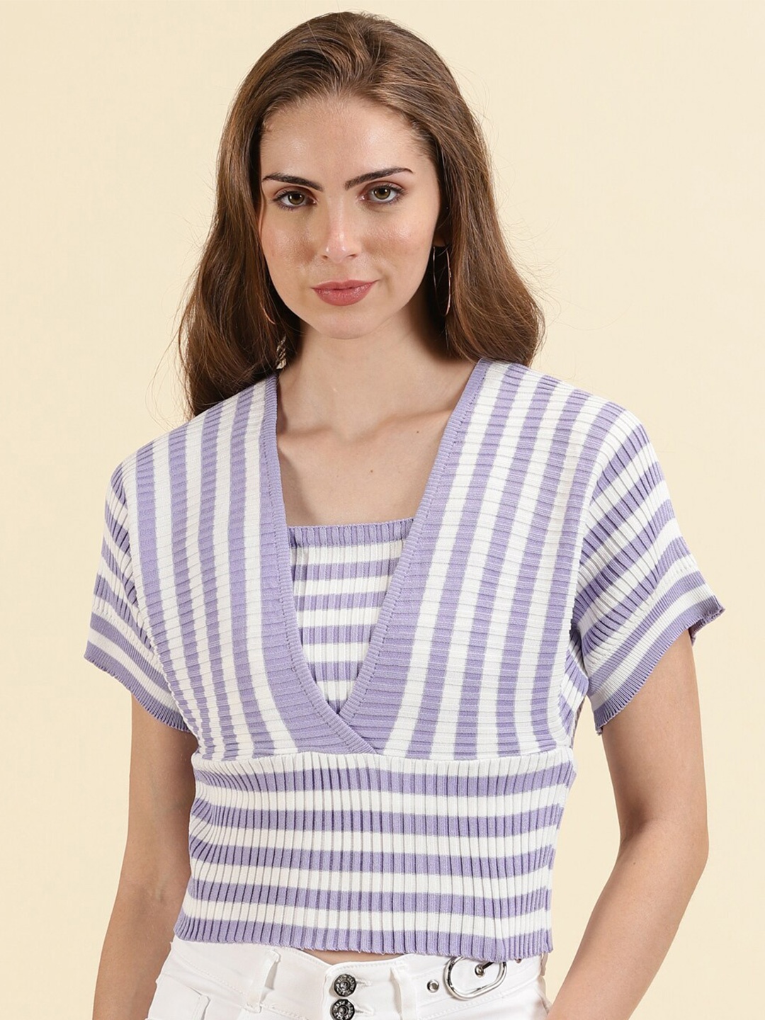 

SHOWOFF Vertical Striped Acrylic Styled Back Top, Lavender