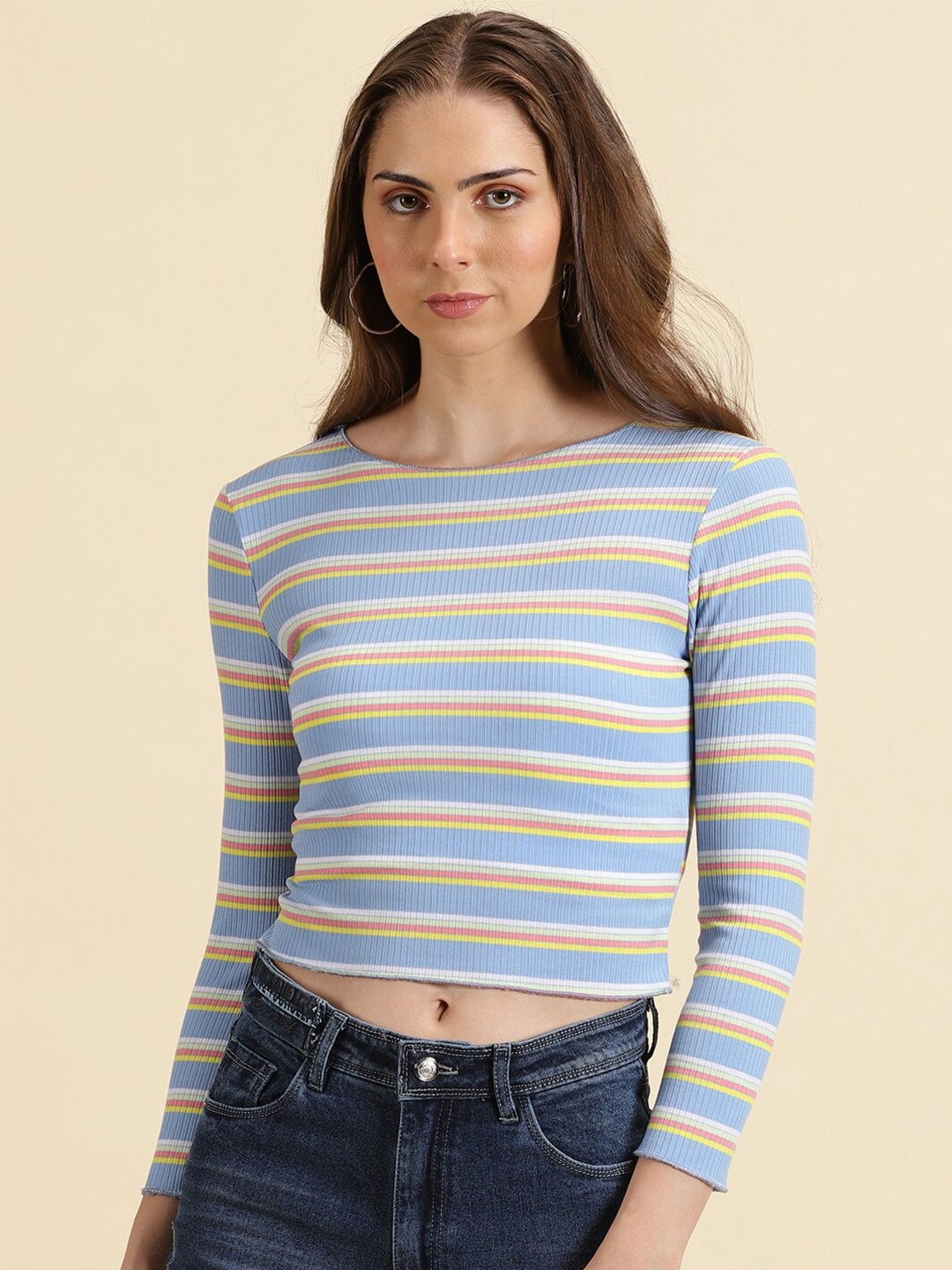 

SHOWOFF Striped Acrylic Boat Neck Fitted Top, Blue