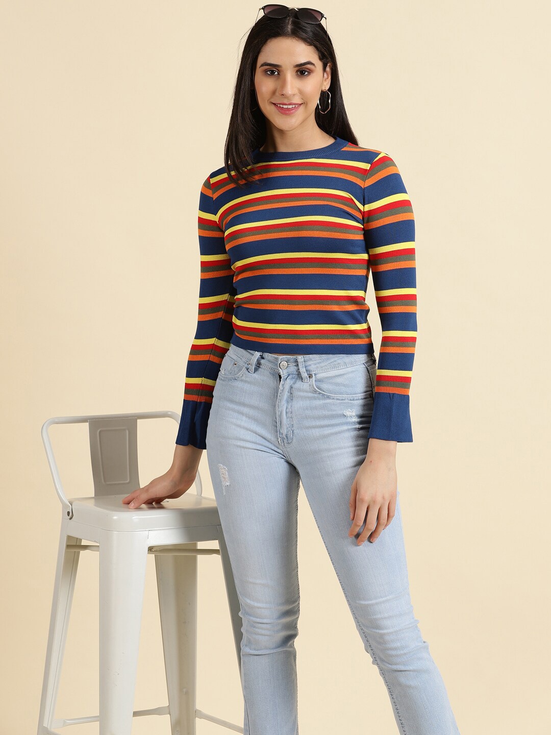 

SHOWOFF Striped Acrylic Long Sleeves Fitted Top, Blue