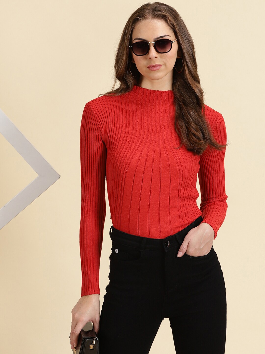 

SHOWOFF High Neck Self Design Fitted Acrylic Top, Red