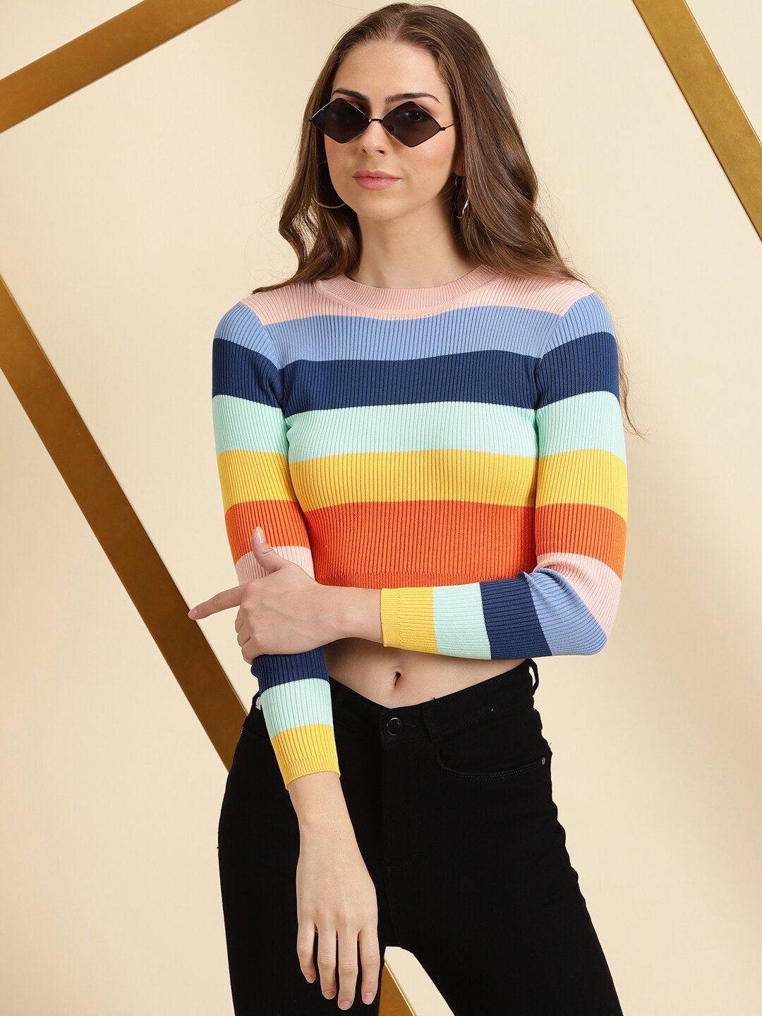 

SHOWOFF Colourblocked Acrylic Knitted Fitted Crop Top, Blue