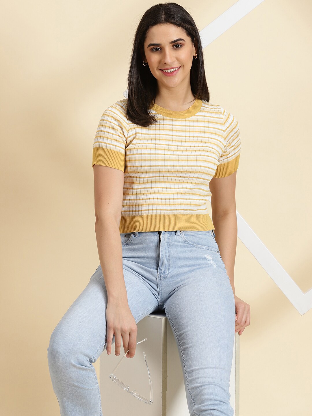 

SHOWOFF Striped Round Neck Cotton T-Shirt, Mustard