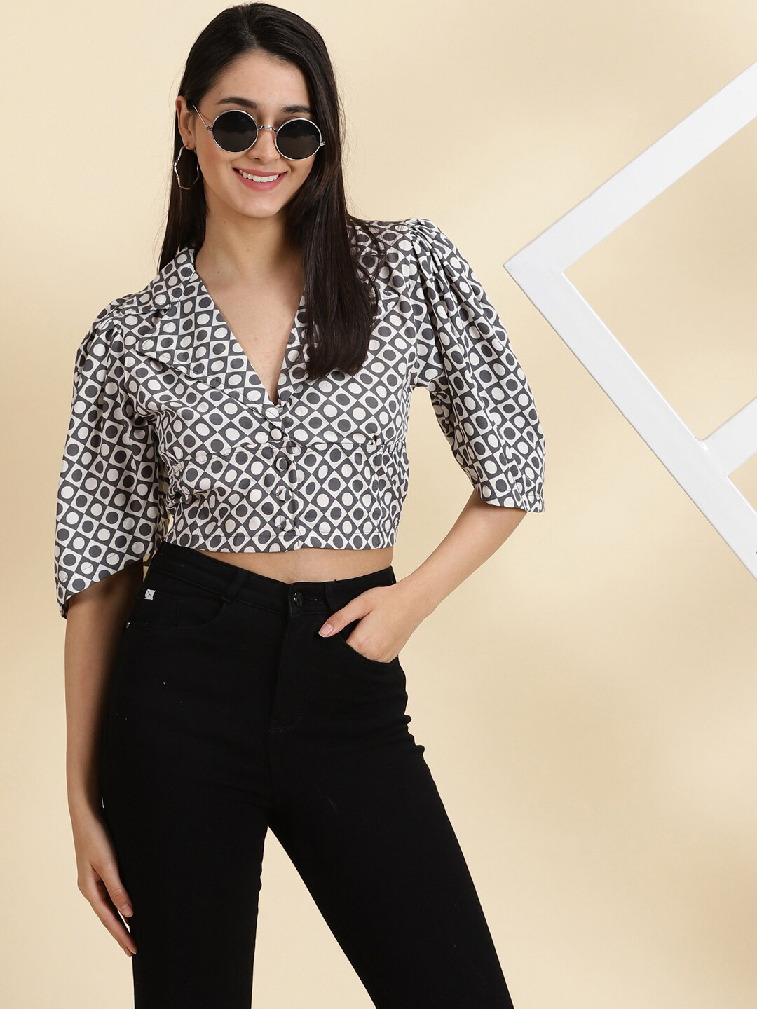 

SHOWOFF Polka Dots Printed Shirt Style Crop Top, White