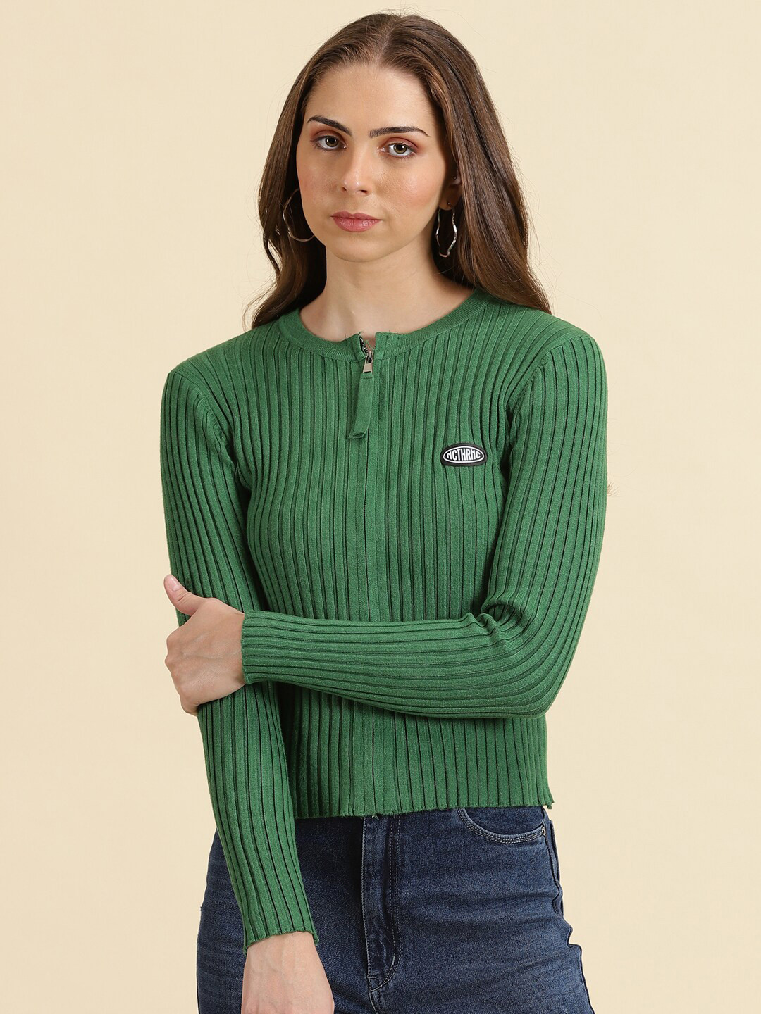 

SHOWOFF Ribbed Fitted Acrylic Cardigan, Green