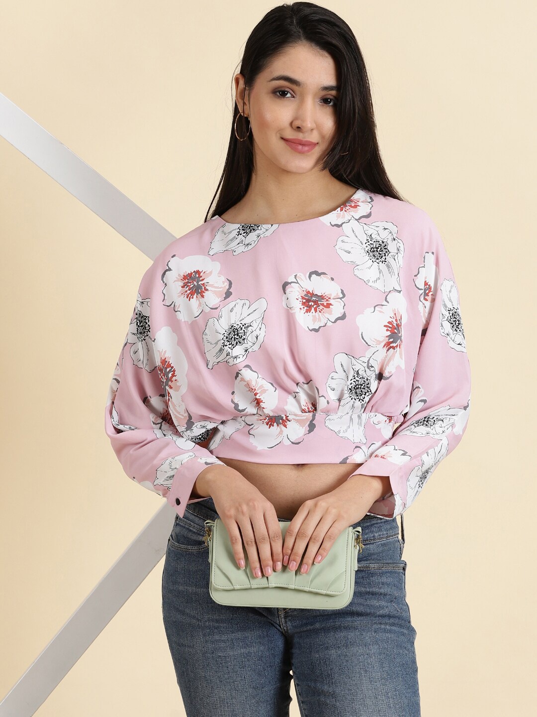 

SHOWOFF Floral Print Extended Sleeves Crepe Crop Top, Pink