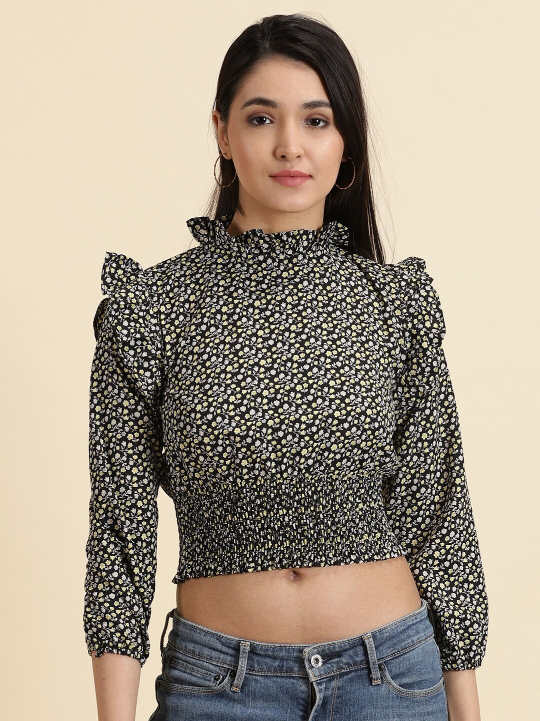 

SHOWOFF Floral Print Puff Sleeve Crepe Cinched Waist Crop Top, Black