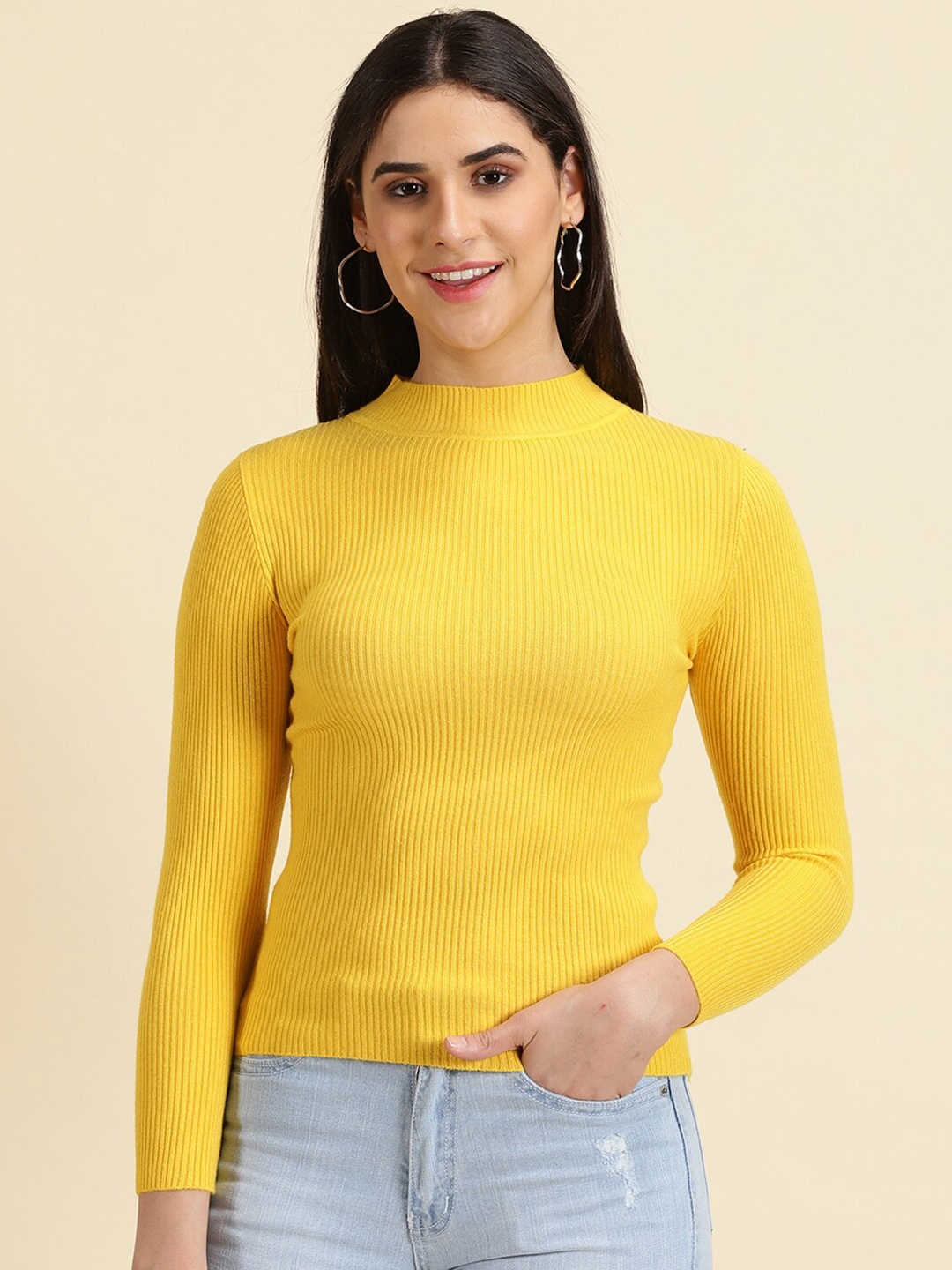 

SHOWOFF High Neck Acrylic Fitted Top, Yellow