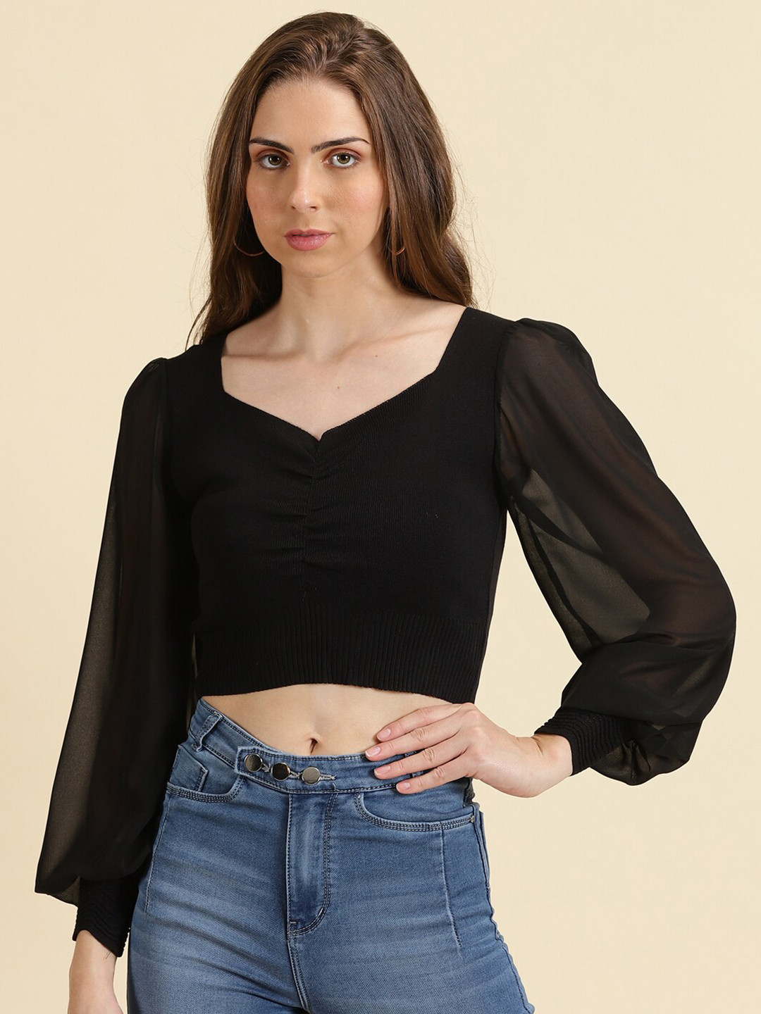 

SHOWOFF Sweetheart Neck Puff Sleeve Chiffon Crop Top, Black