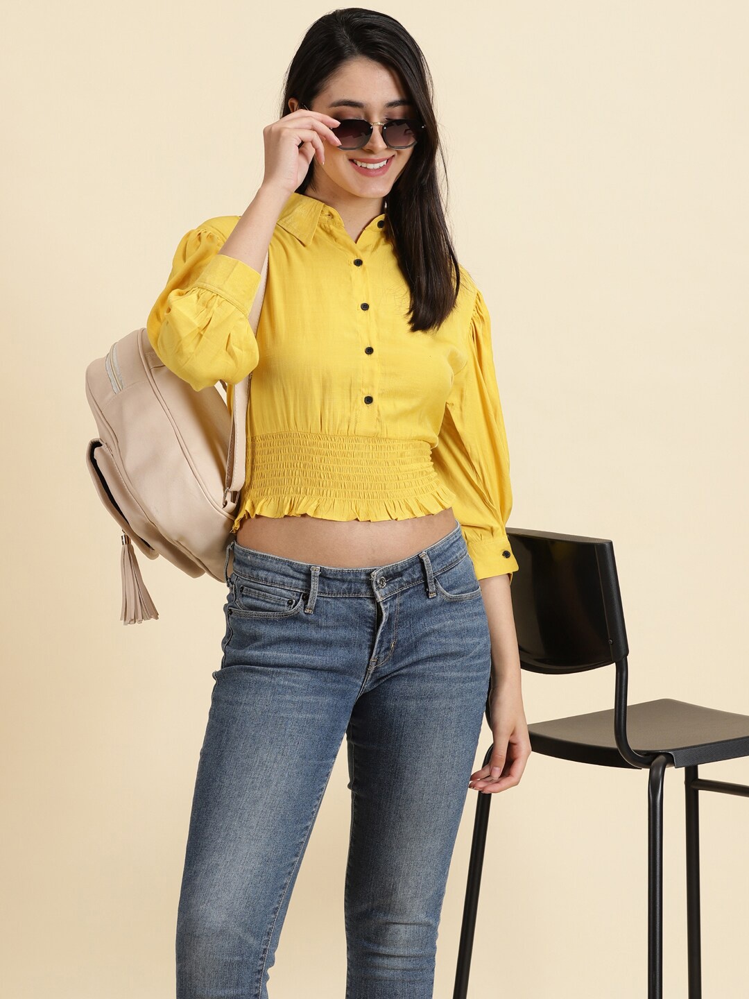 

SHOWOFF Spread Collar Cuffed Sleeves Shirt Style Crop Top, Yellow