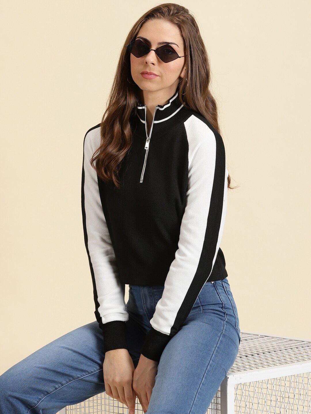 

SHOWOFF Colourblocked High Neck Raglan Sleeves Top, Black