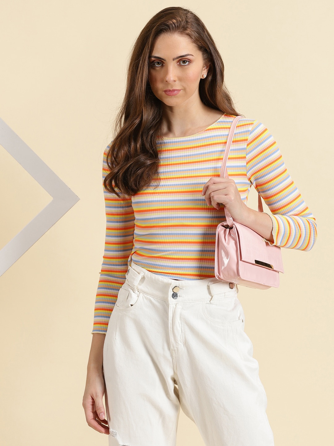 

SHOWOFF Striped Knitted Acrylic Fitted Top, Orange