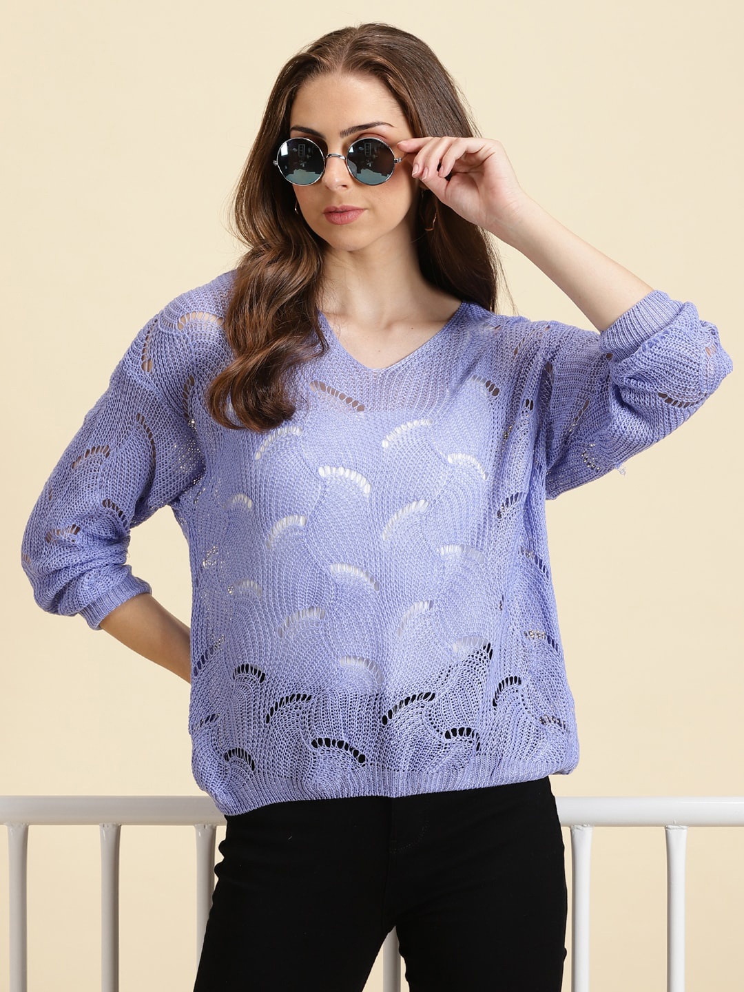 

SHOWOFF Self Design Wool V-Neck Long Sleeves Top, Lavender