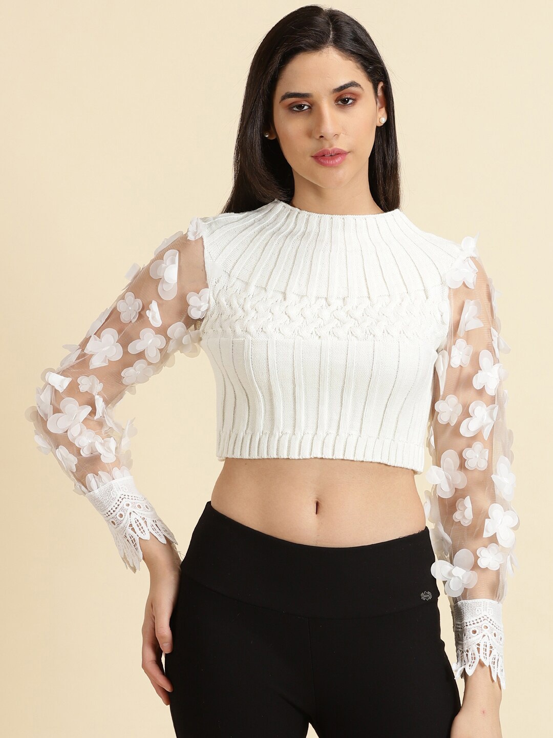 

SHOWOFF Self Design Applique Knitted Woollen Crop Fitted Top, Off white