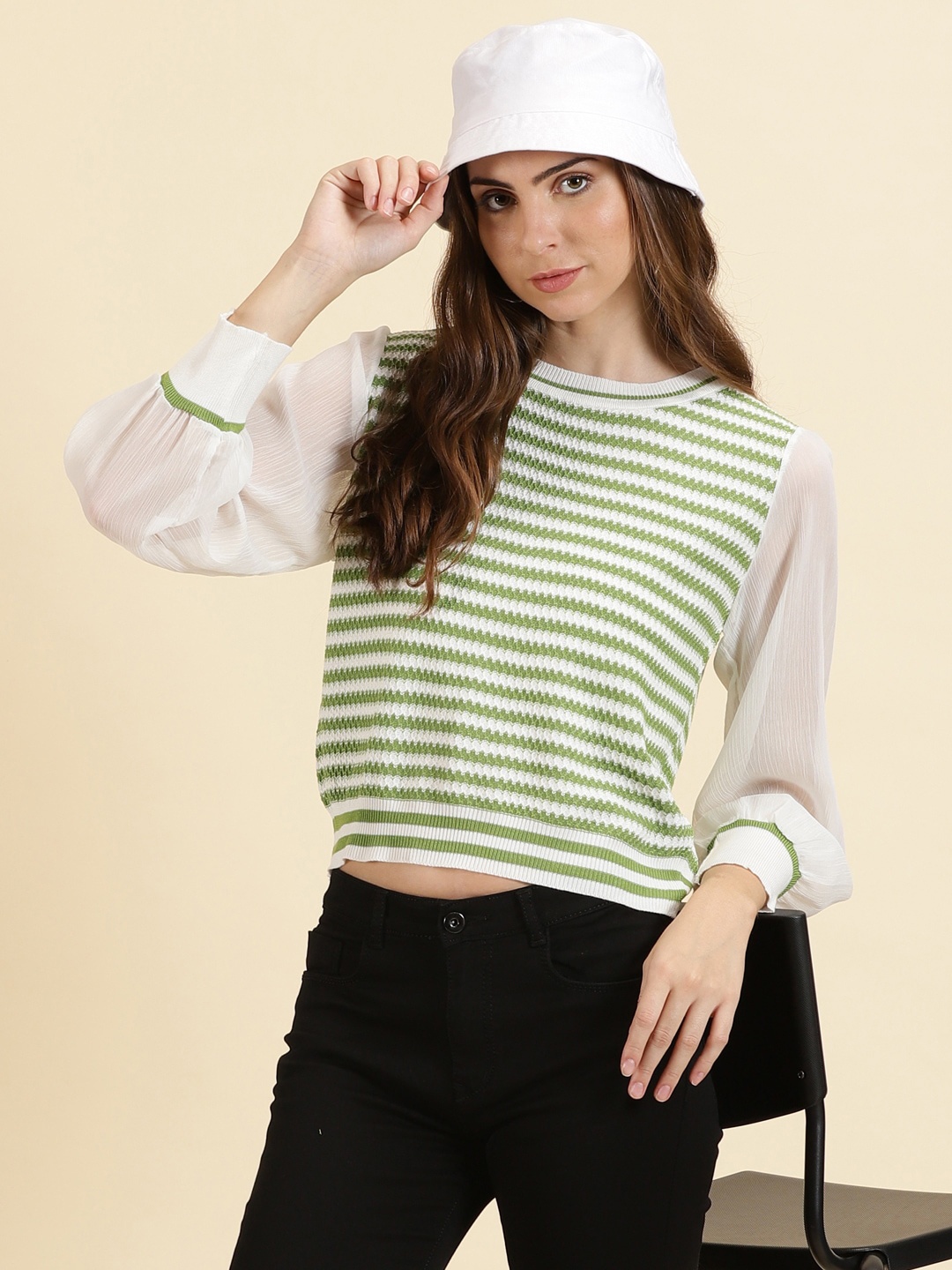

SHOWOFF Striped Woollen Regular Crop Top, White