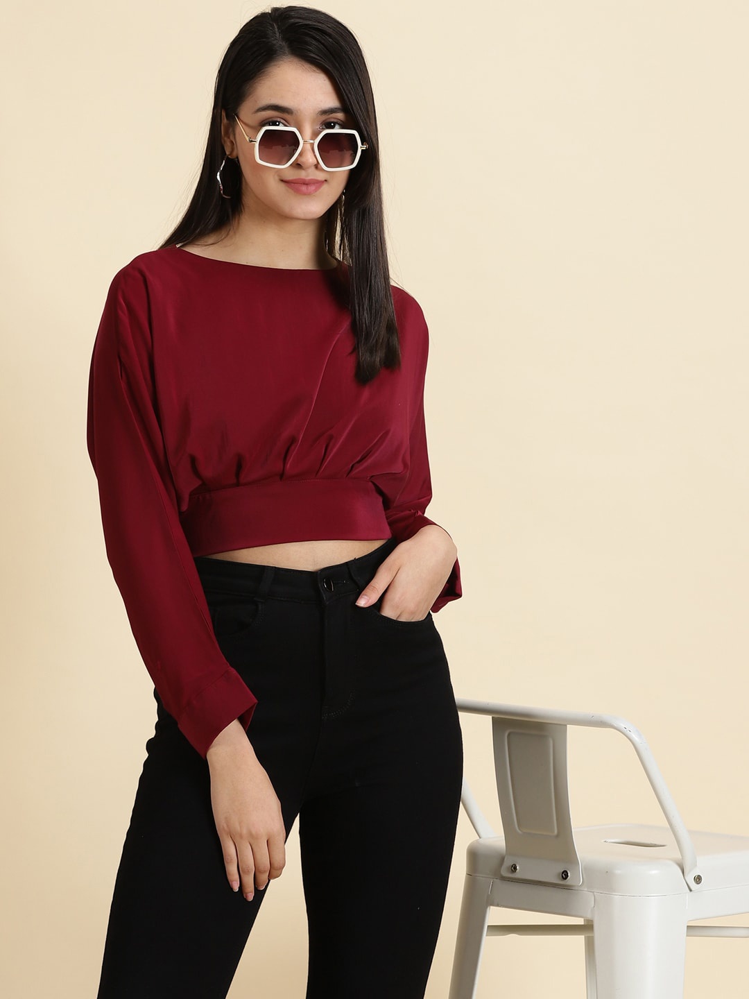 

SHOWOFF Boat Neck Long Sleeves Crepe Styled Back Crop Top, Burgundy