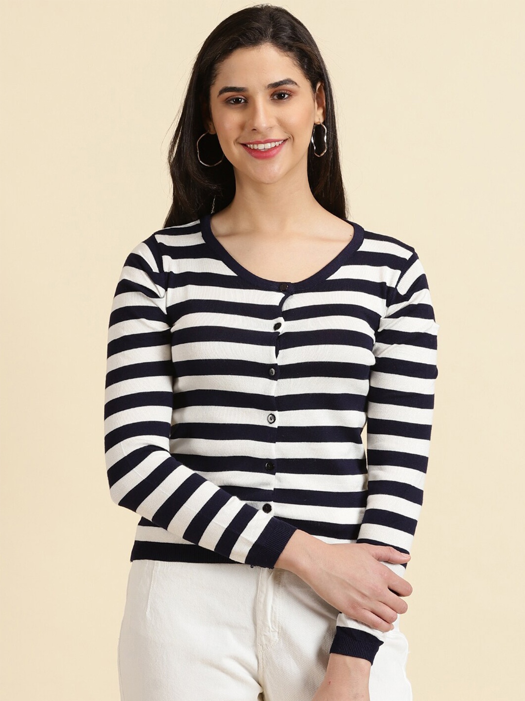

SHOWOFF Acrylic Scoop Neck Striped Regular Top, Navy blue