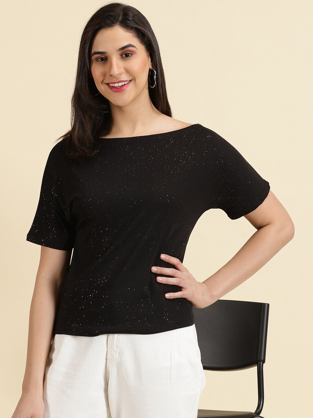 

SHOWOFF Embellished Boat Neck Regular Top, Black