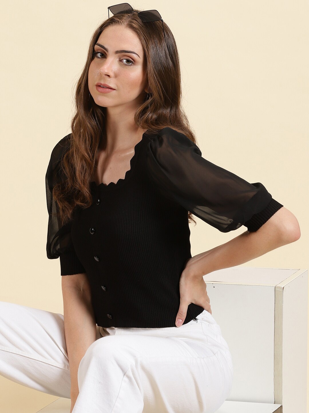 

SHOWOFF Acrylic Scoop Neck Fitted Regular Top, Black