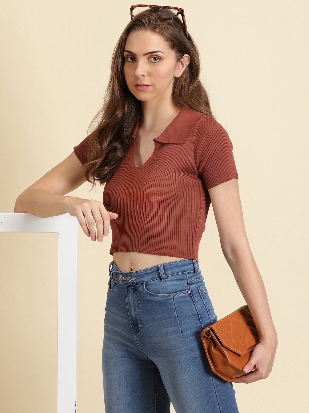 

SHOWOFF Self Design Shirt Collar Fitted Crop Top, Brown