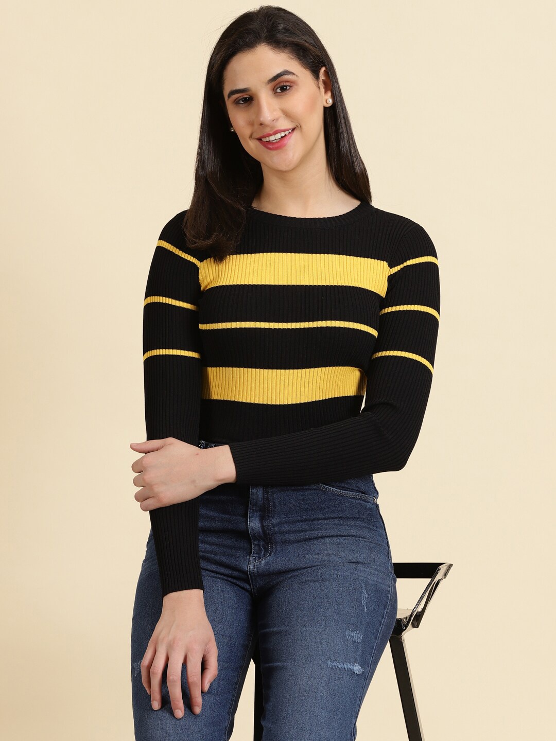 

SHOWOFF Striped Fitted Crop Top, Black