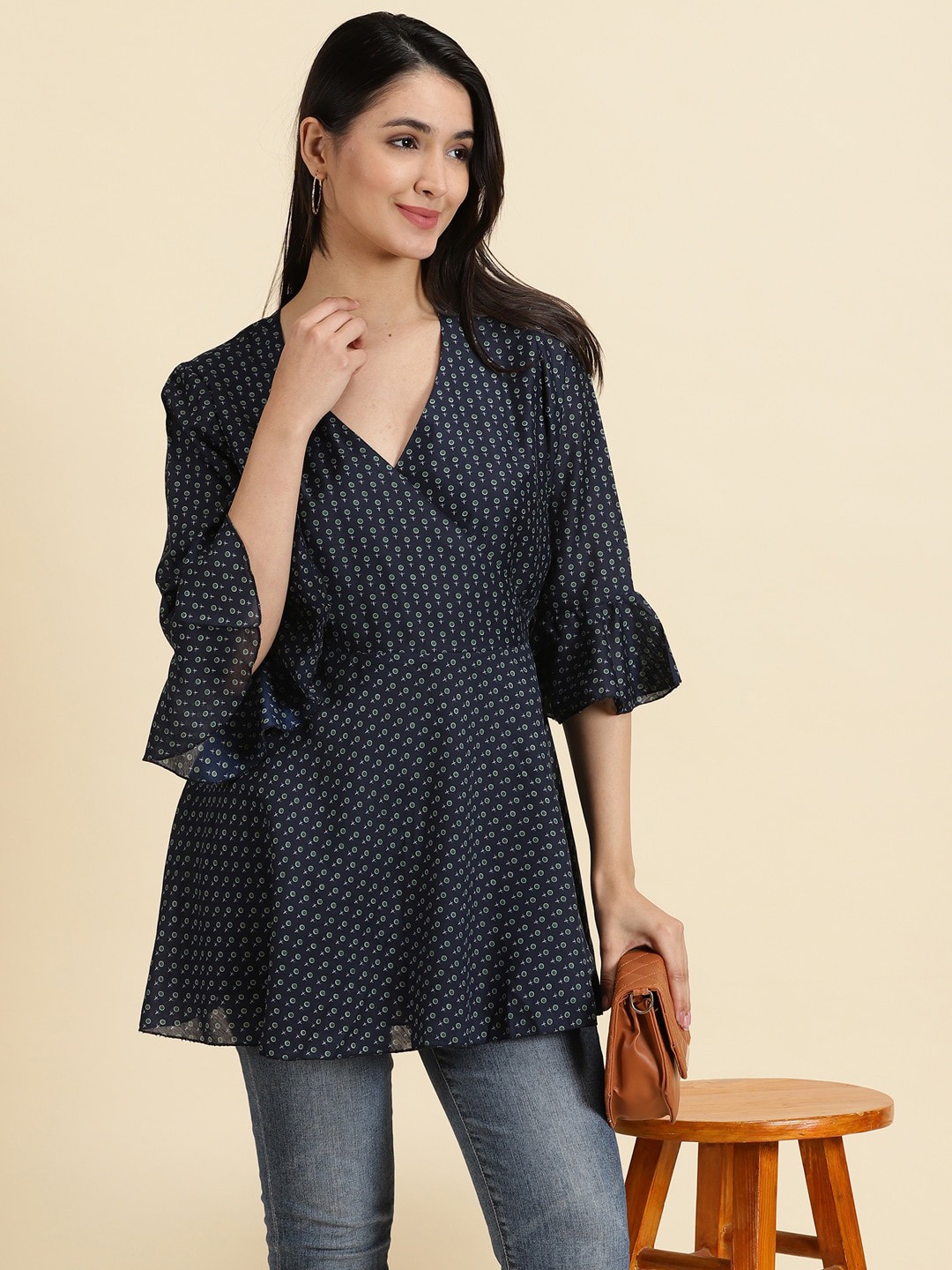 

SHOWOFF Printed Bell Sleeves Longline Wrap Top, Navy blue