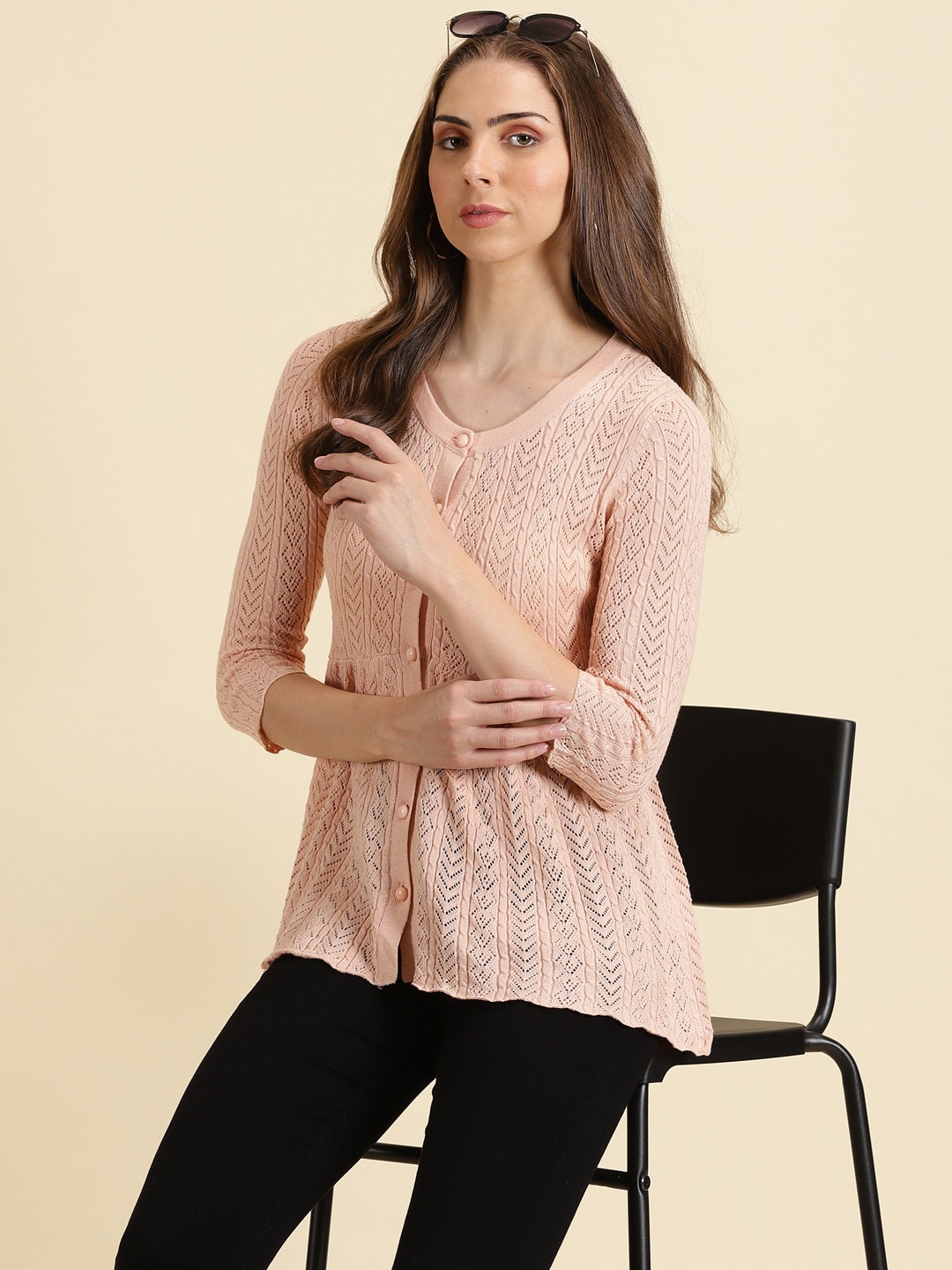 

SHOWOFF Self Design Scoop Neck Woollen Top, Peach