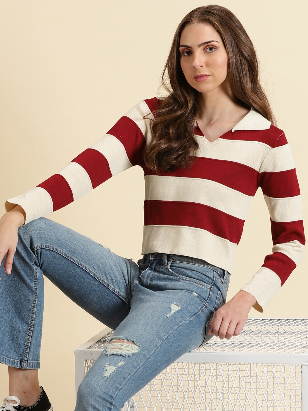 

SHOWOFF Striped Shirt Collar Crop Top, Cream