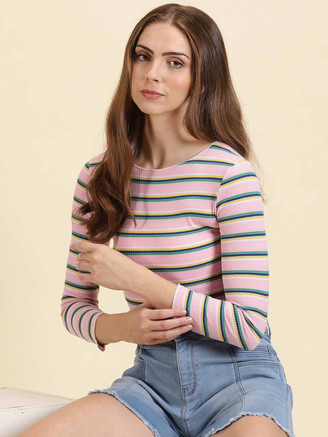 

SHOWOFF Striped Round Neck Long Sleeves Top, Pink