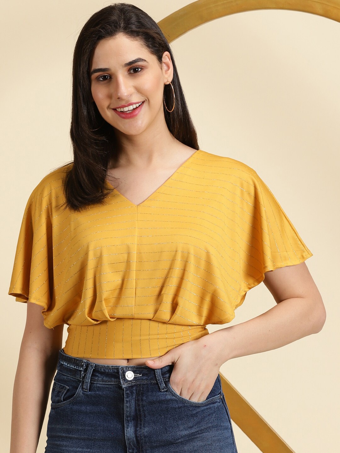 

SHOWOFF Striped V-Neck Extended Sleeves Blouson Crop Top, Mustard