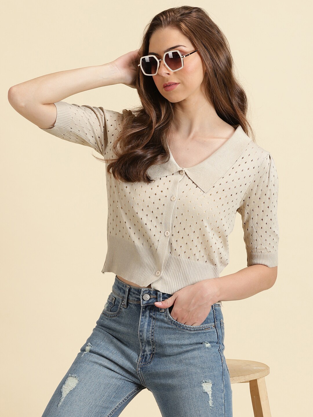 

SHOWOFF Above the Keyboard Collar Self Design Crop Top, Beige
