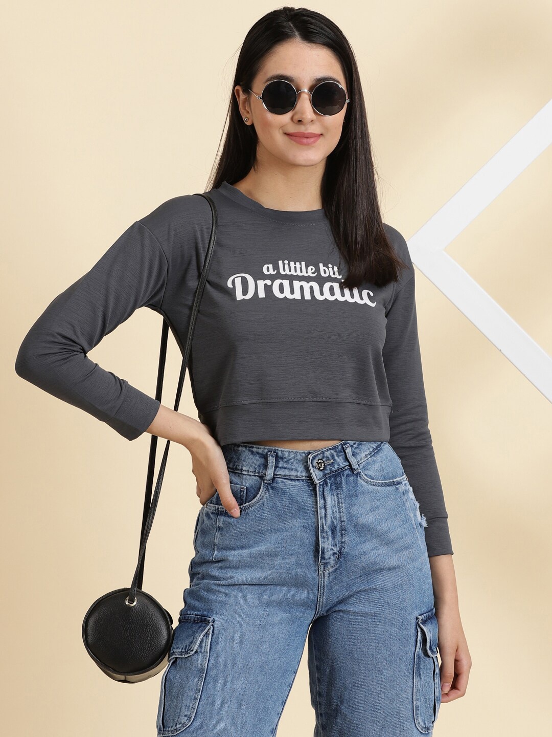 

SHOWOFF Printed Round Neck Long Sleeves Crop Pullover, Charcoal