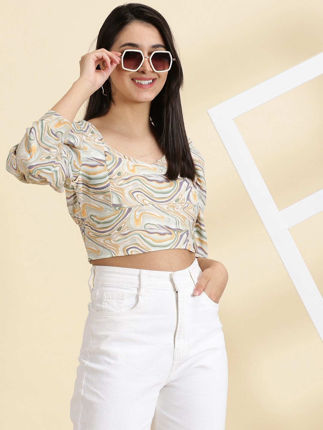 

SHOWOFF Printed Smocked Crop Top, Sea green