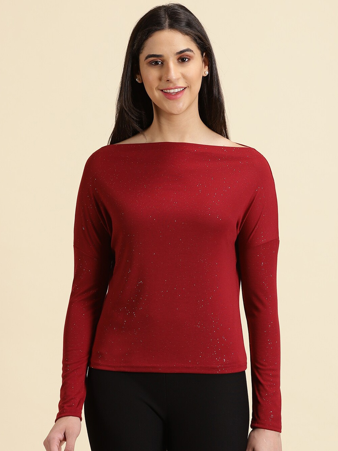 

SHOWOFF Embellished Boat Neck Top, Maroon